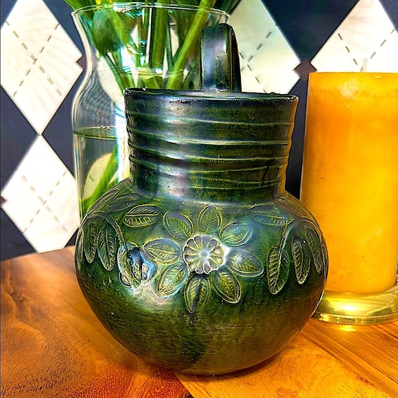 Vintage Mexican Folk Pottery Chocolate Jug – Green Glaze Floral Motif Handmade - Picture 13 of 17
